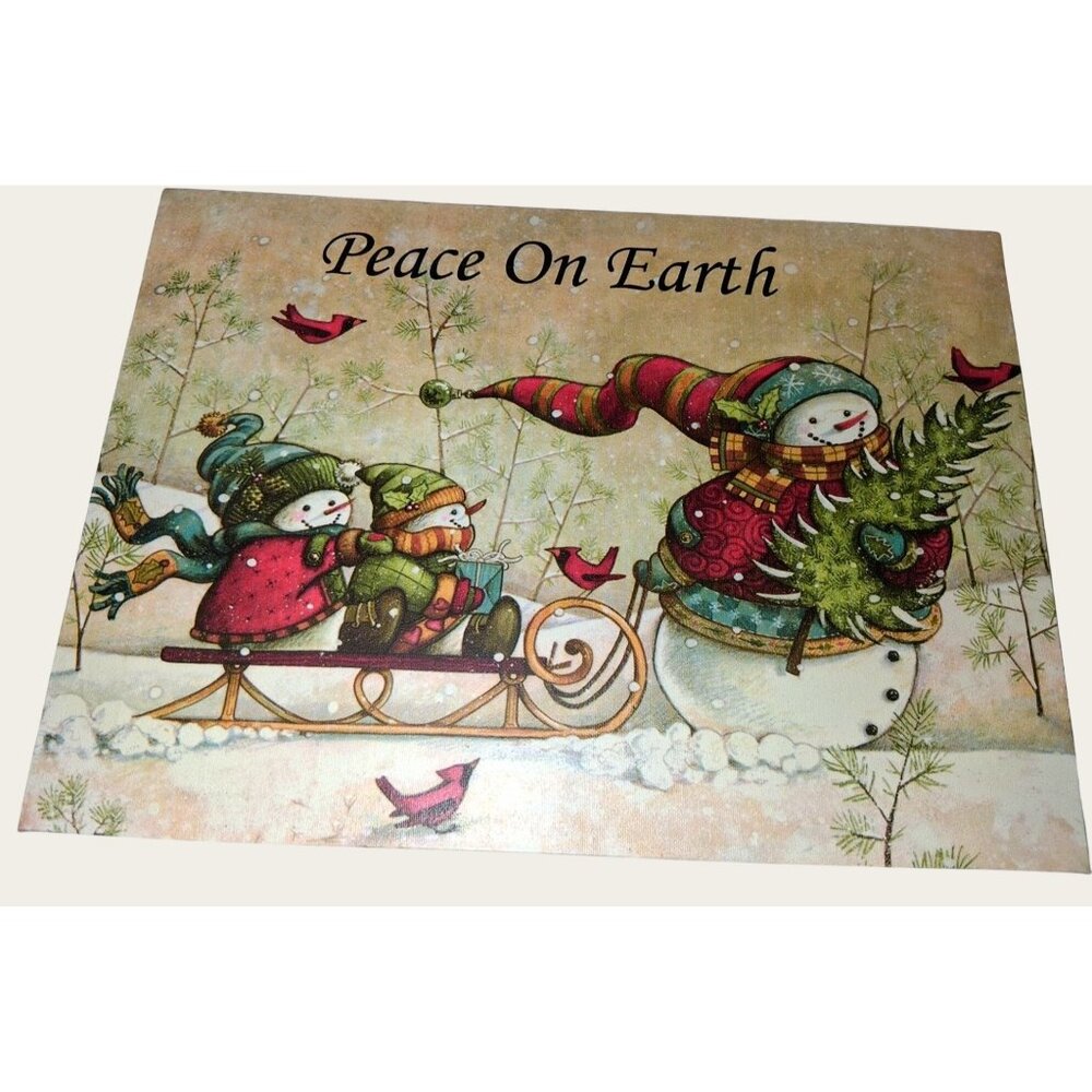Christmas Snowman Canvas Art 14" X 12" With Sleigh & Tree